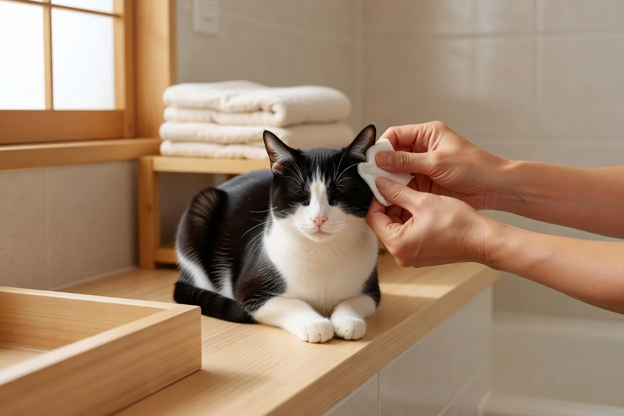 耳のお手入れをされる猫