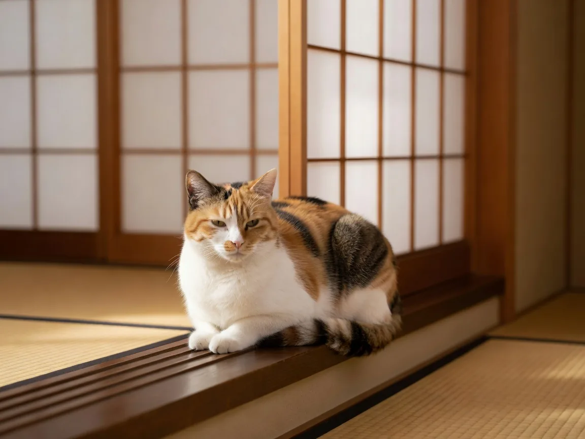 Calico cat by Japanese window
