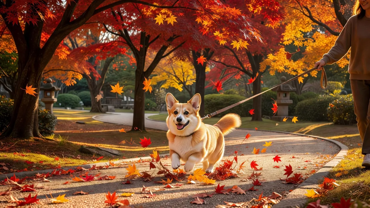 秋の公園を散歩するコーギー