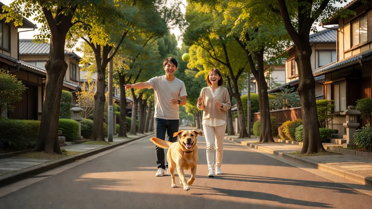 近所でフェッチ遊びをする飼い主と犬