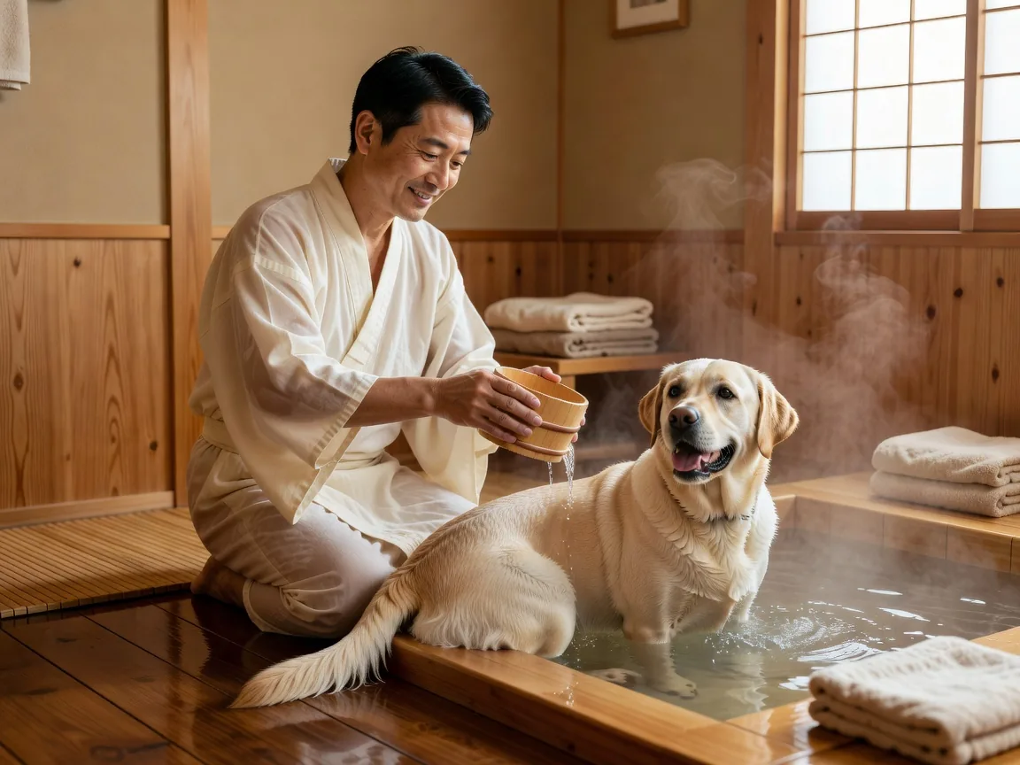 木製のたらいで入浴する犬