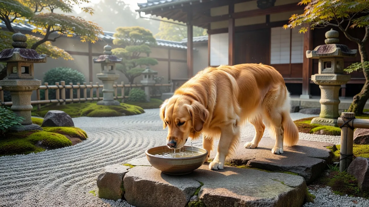 庭で水を飲む犬