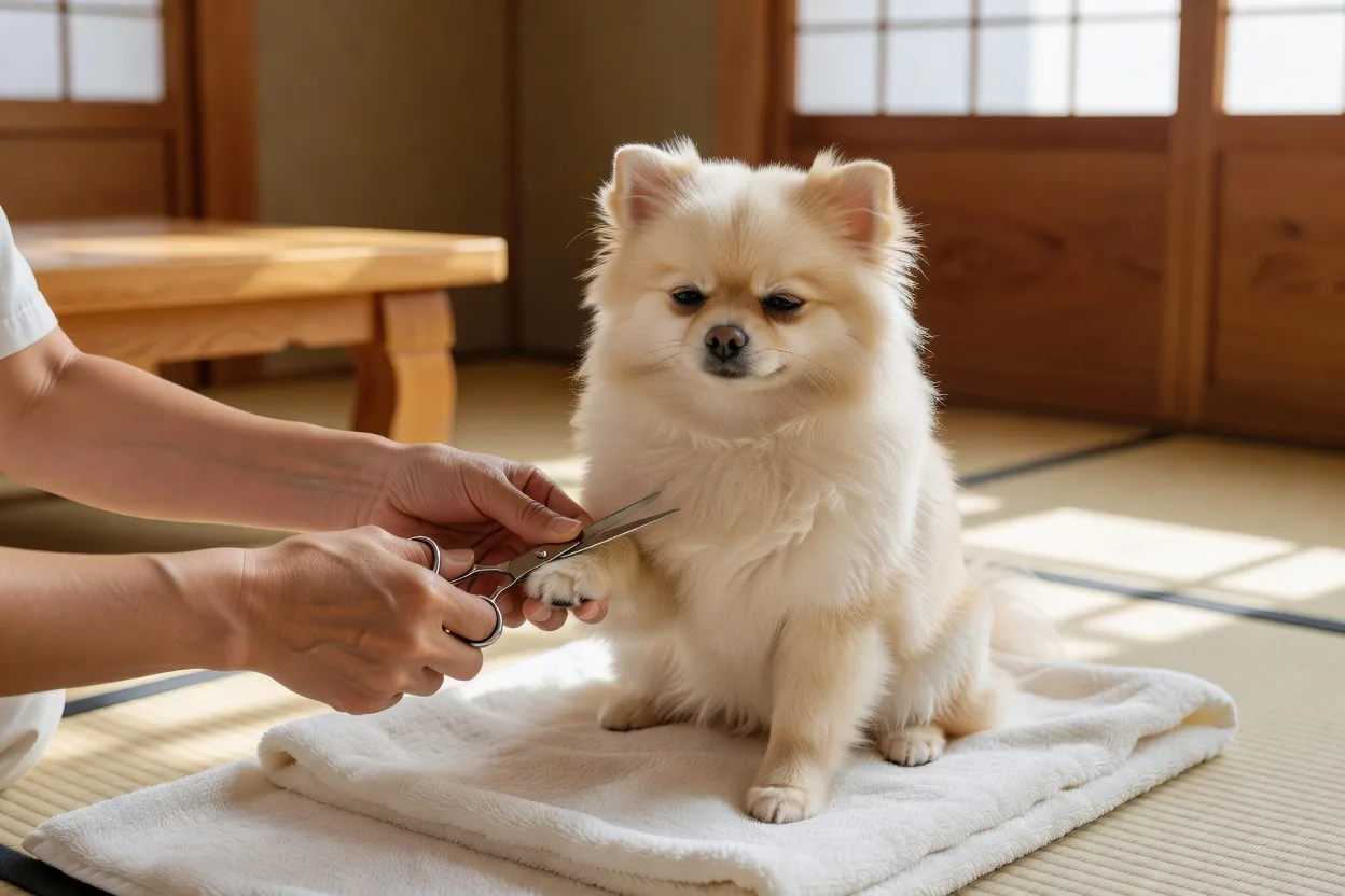 爪切りをされる犬