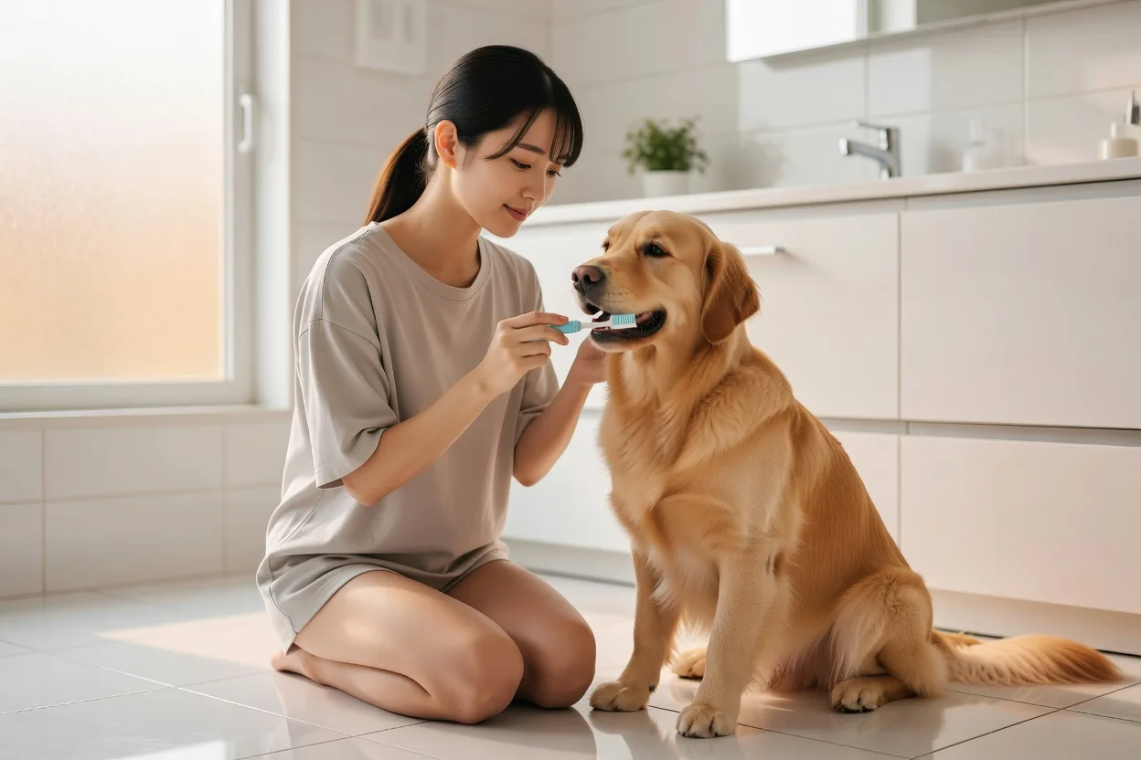 歯みがきをされる犬