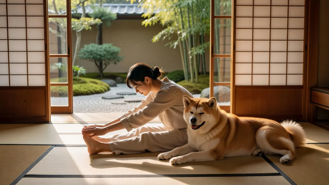 ストレッチする犬と飼い主