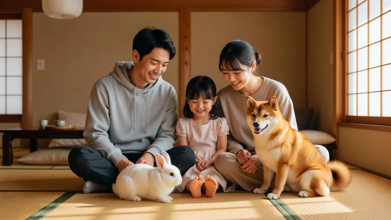 Japanese family with pets on tatami