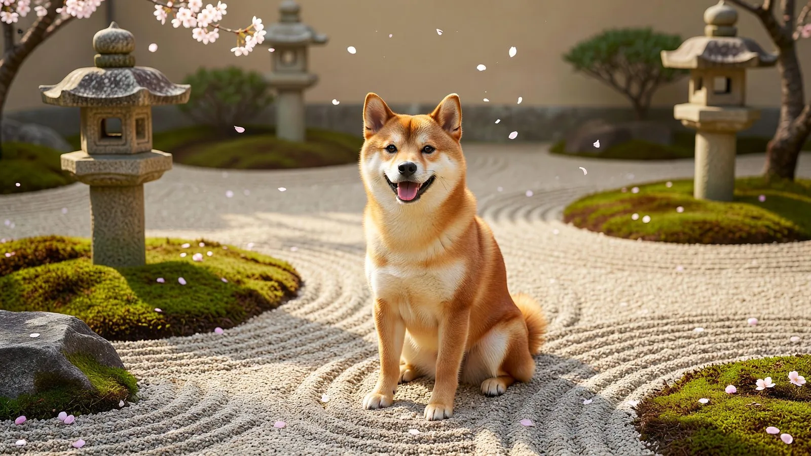 Happy Shiba Inu in a Japanese zen garden