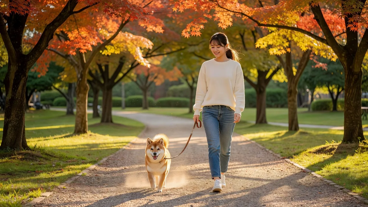Owner walking Shiba Inu in park