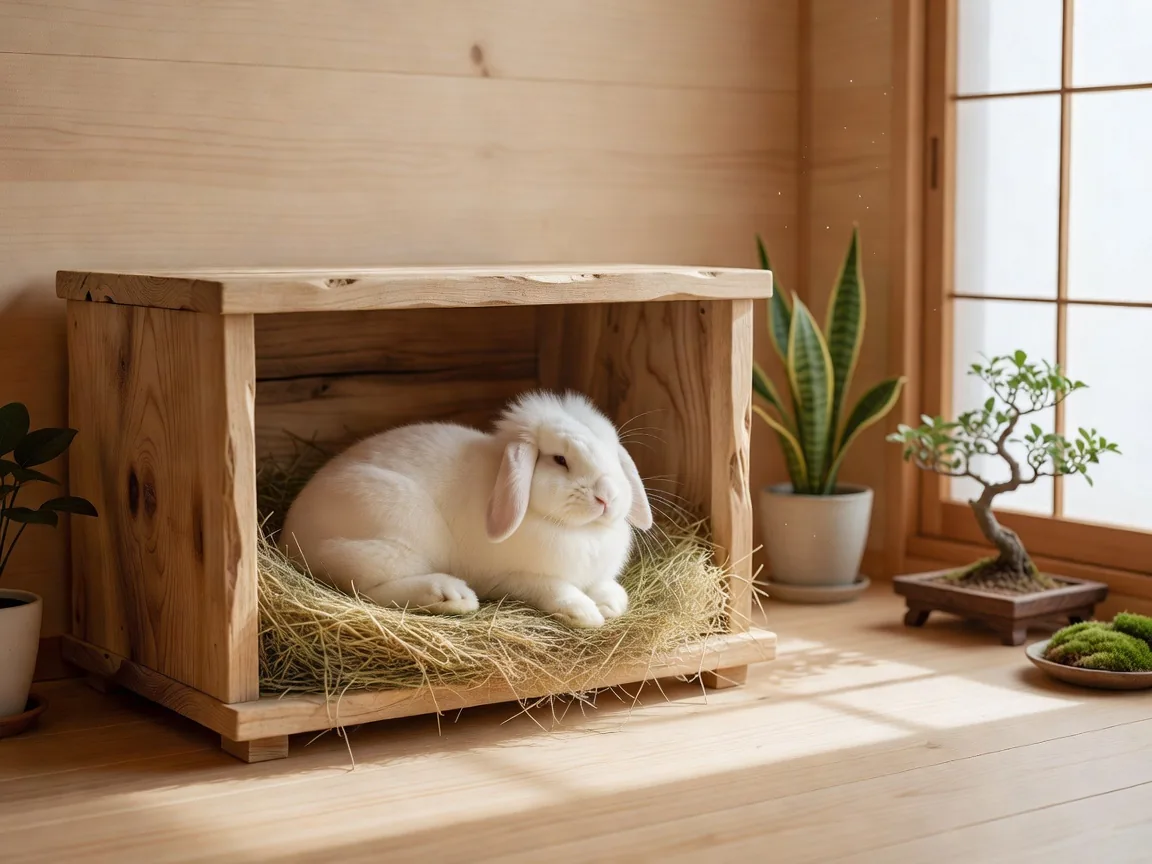 Rabbit in natural wooden hutch